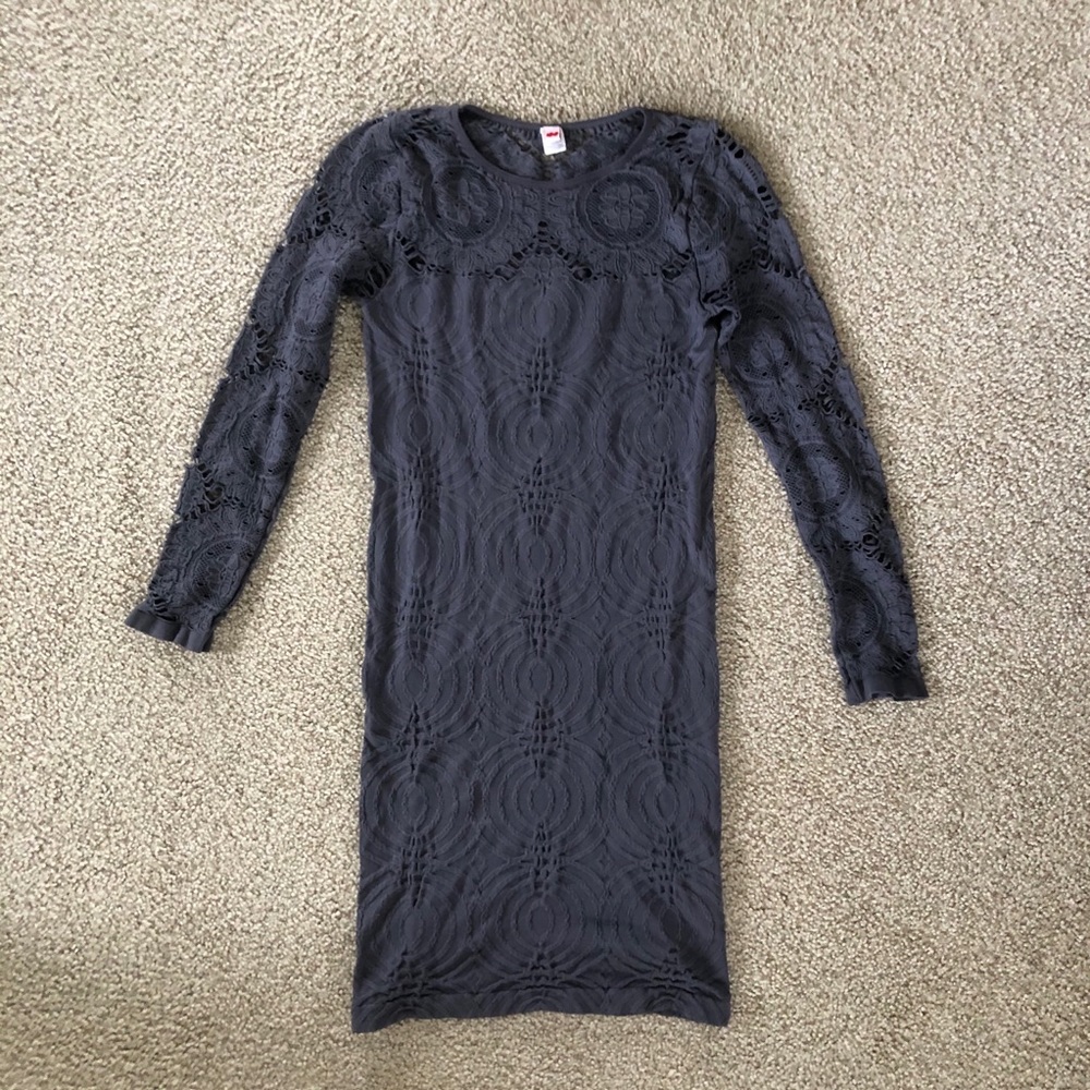 Jenny Han Grey Floral Lace Bodycon Mini Dress M L Sheer Long Sleeve Cocktail